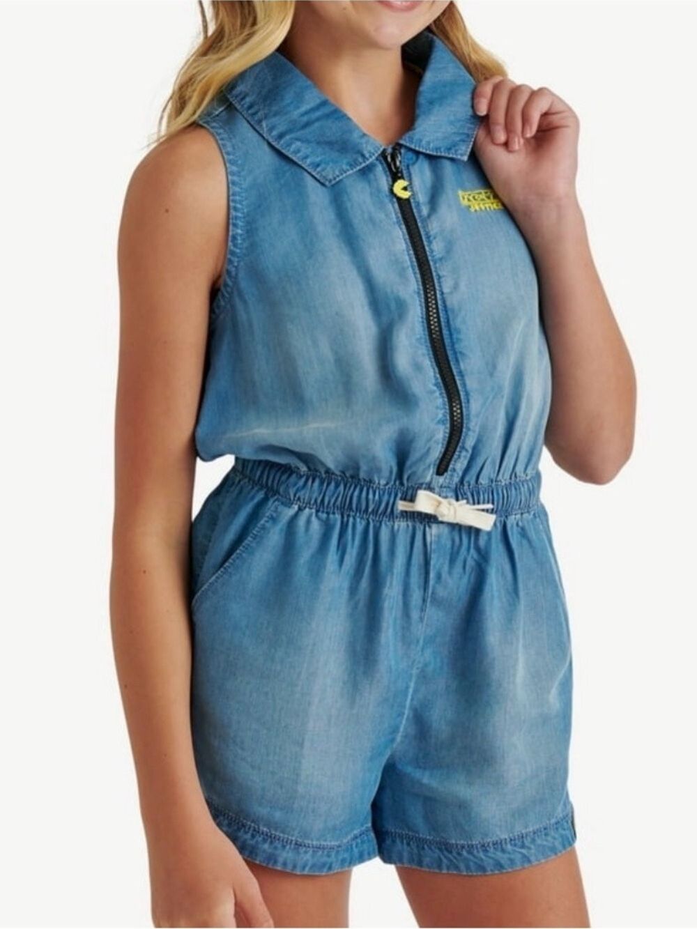 Justice Blue Pac-Man Chambray Girls' Sleeveless Shorts Romper size 10
